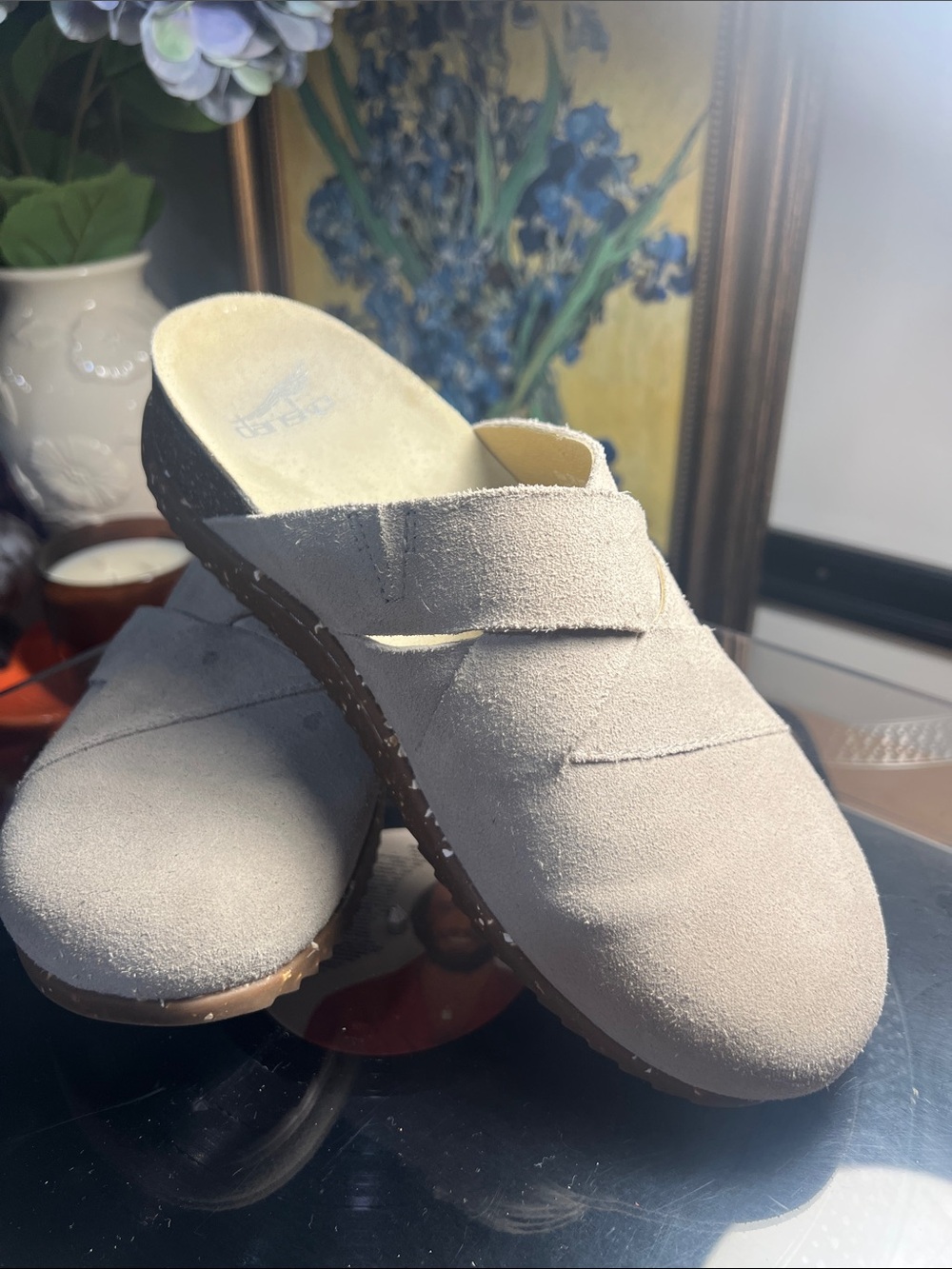 DANSKO Women's Suede Slip-On Mules in Light Taupe. Size 38 Clogs
